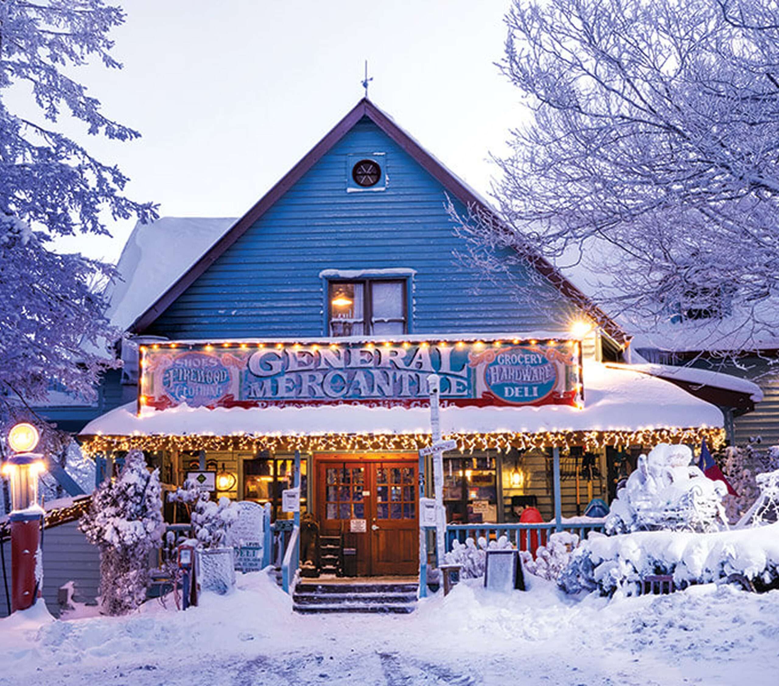 Fred's General Mercantile in a snowy mountain town
