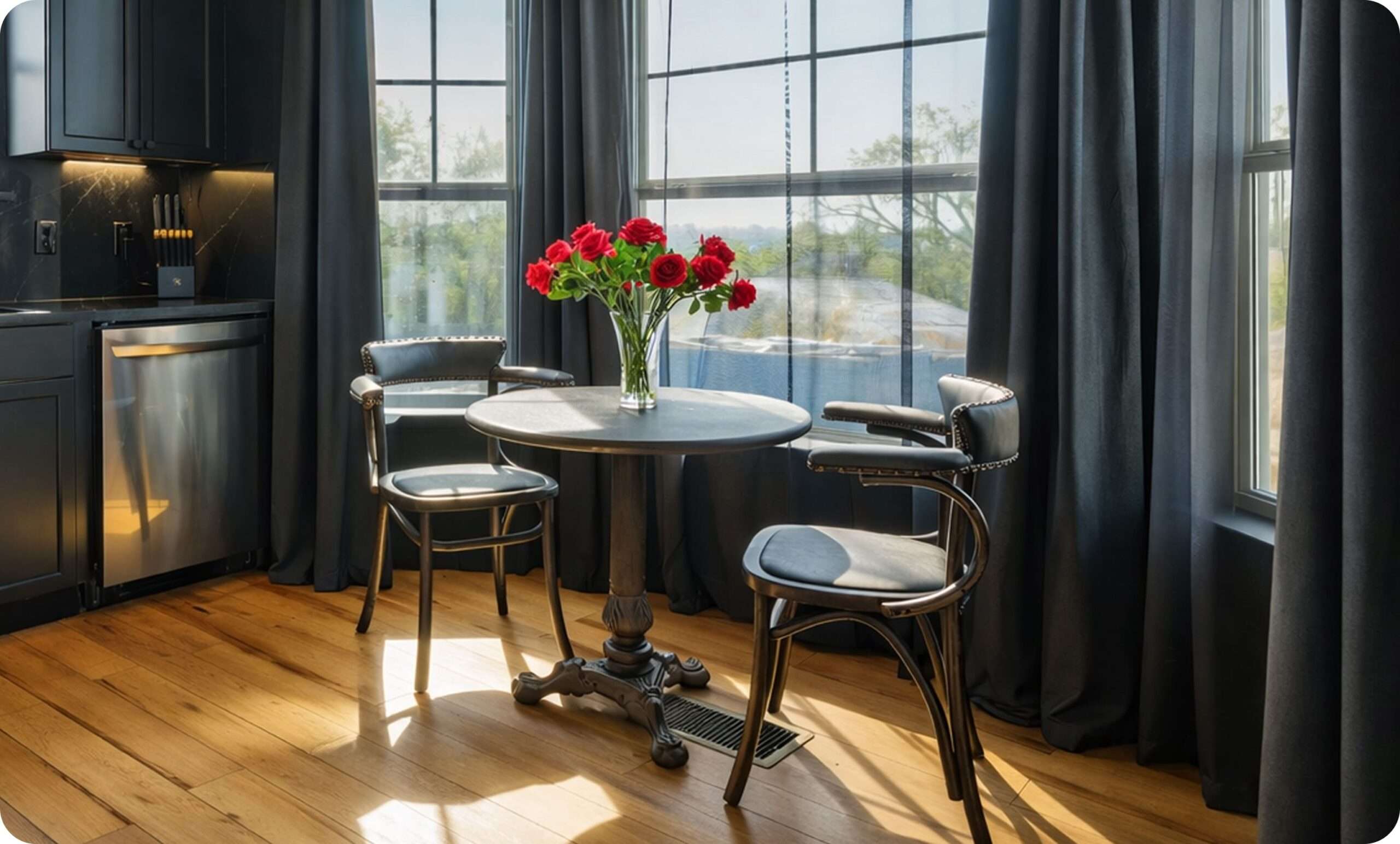 Cozy dining nook with fresh flowers and scenic window views.