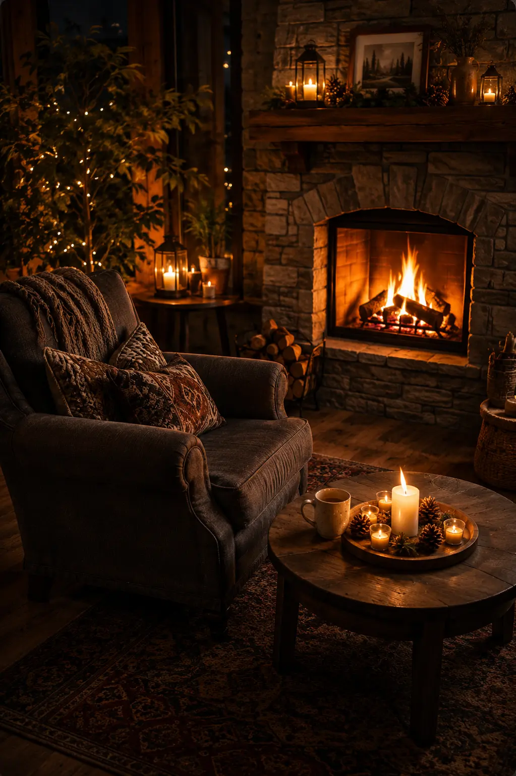 Cozy fireplace in a luxury cabin for a romantic getaway.