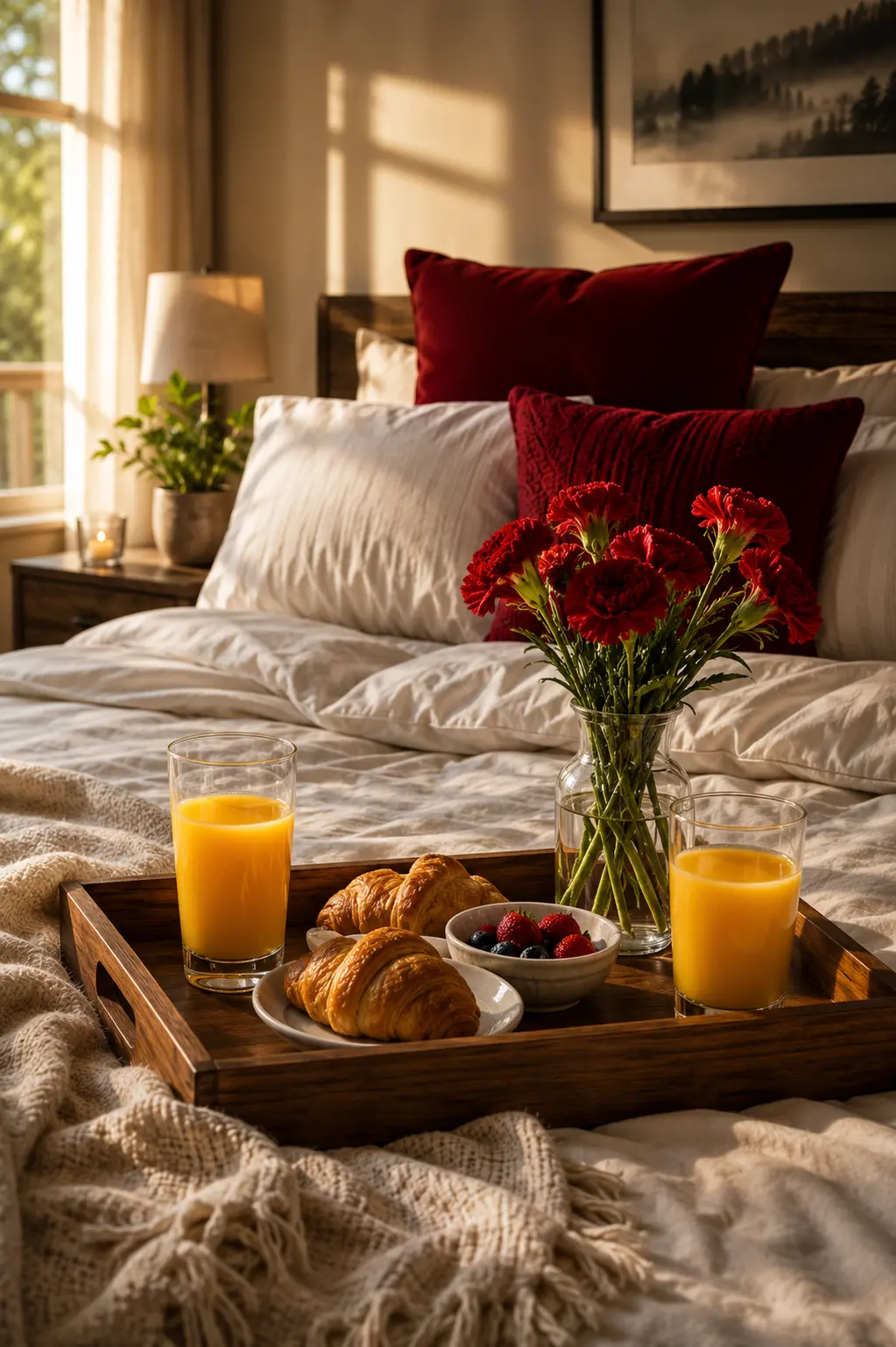 Breakfast in bed with fresh flowers in a romantic bedroom.