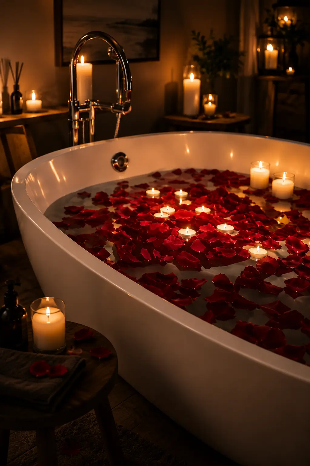 Luxury bathtub with rose petals and candles for a romantic retreat.