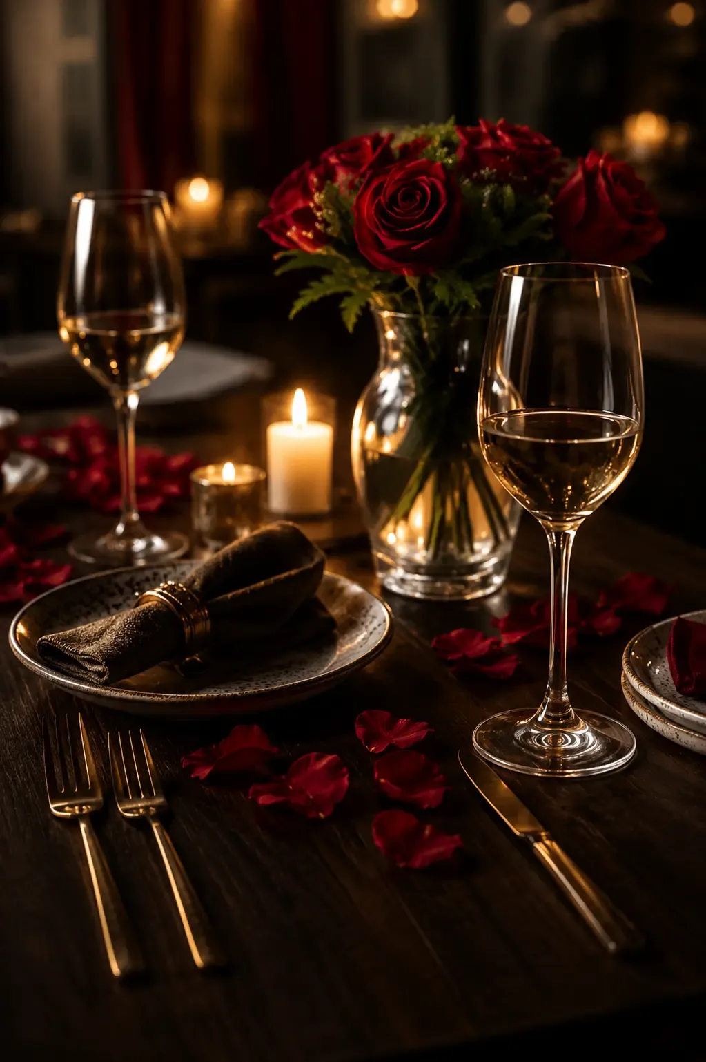 Romantic candlelit dinner with roses and wine for couples.