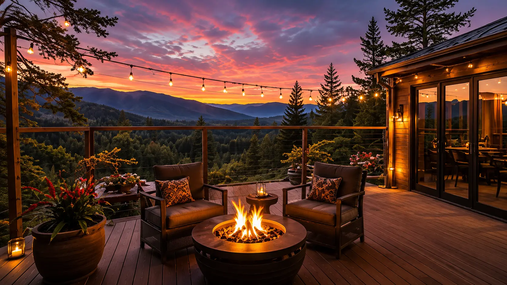 Mountain cabin deck with a fire pit at sunset.